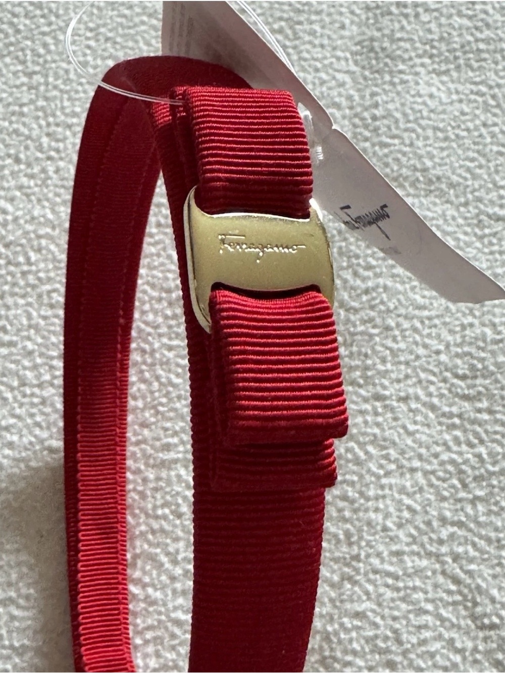 Salvatore Ferragamo Red and Gold Vara Tag